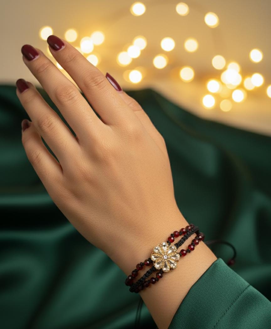 Garnet Bloom Bracelet – Handmade Macrame Floral Charm