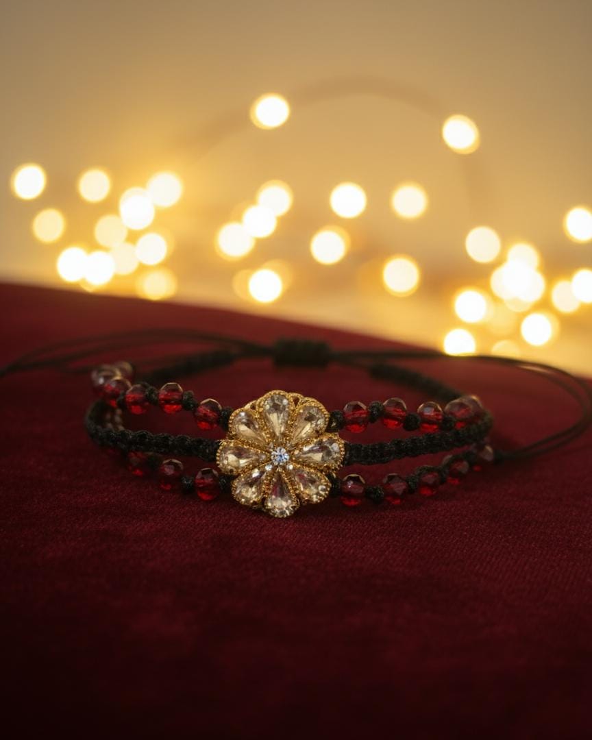 Garnet Bloom Bracelet – Handmade Macrame Floral Charm